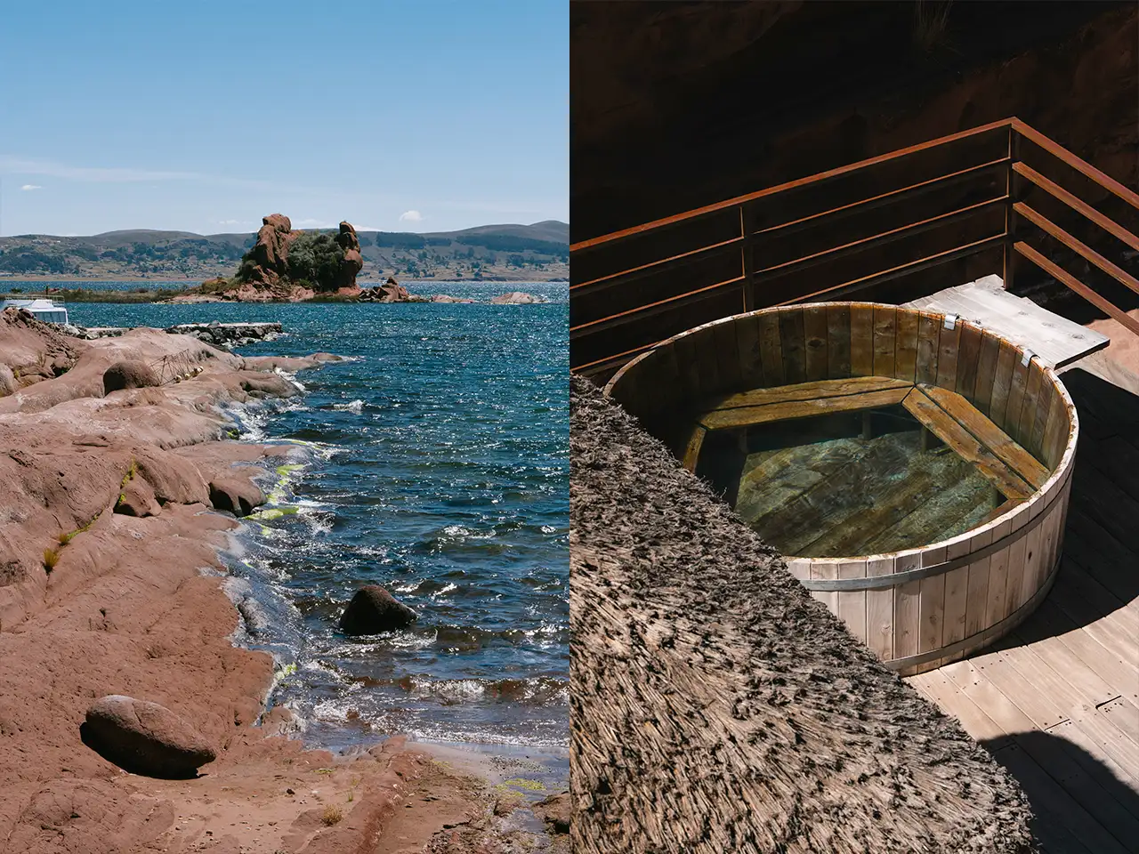 Relax at the serene outdoor hot tub by the water's edge